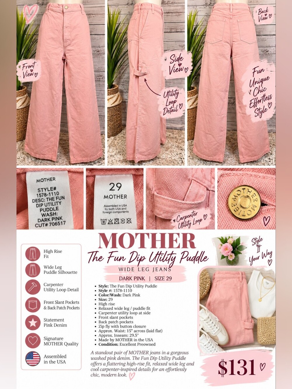MOTHER The Fun Dip Utility Puddle Wide Leg Jeans 29 Dark Pink Carpenter